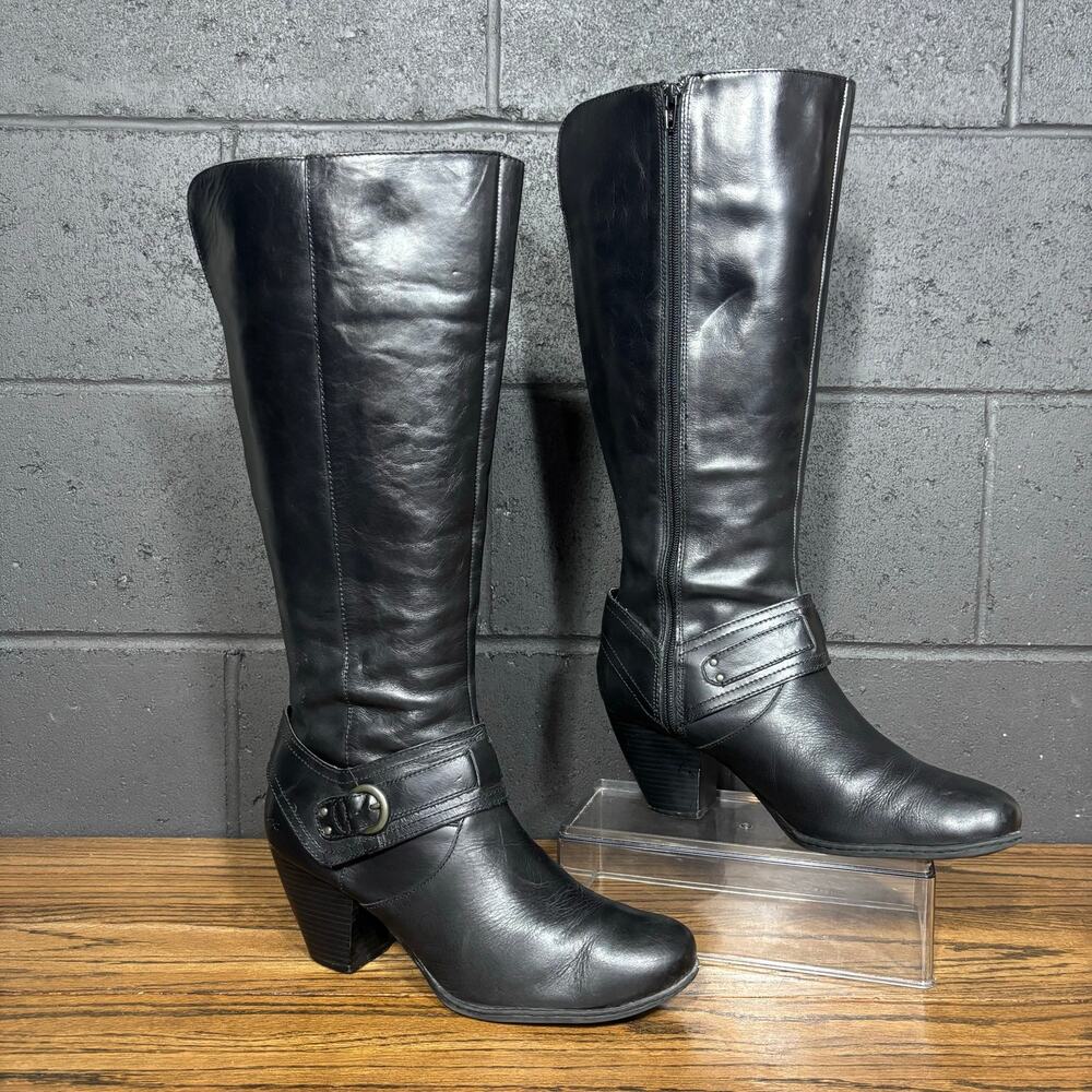 BOC Born Concept Women’s 11 Black Leather Knee High Boots Buckle Block Heel